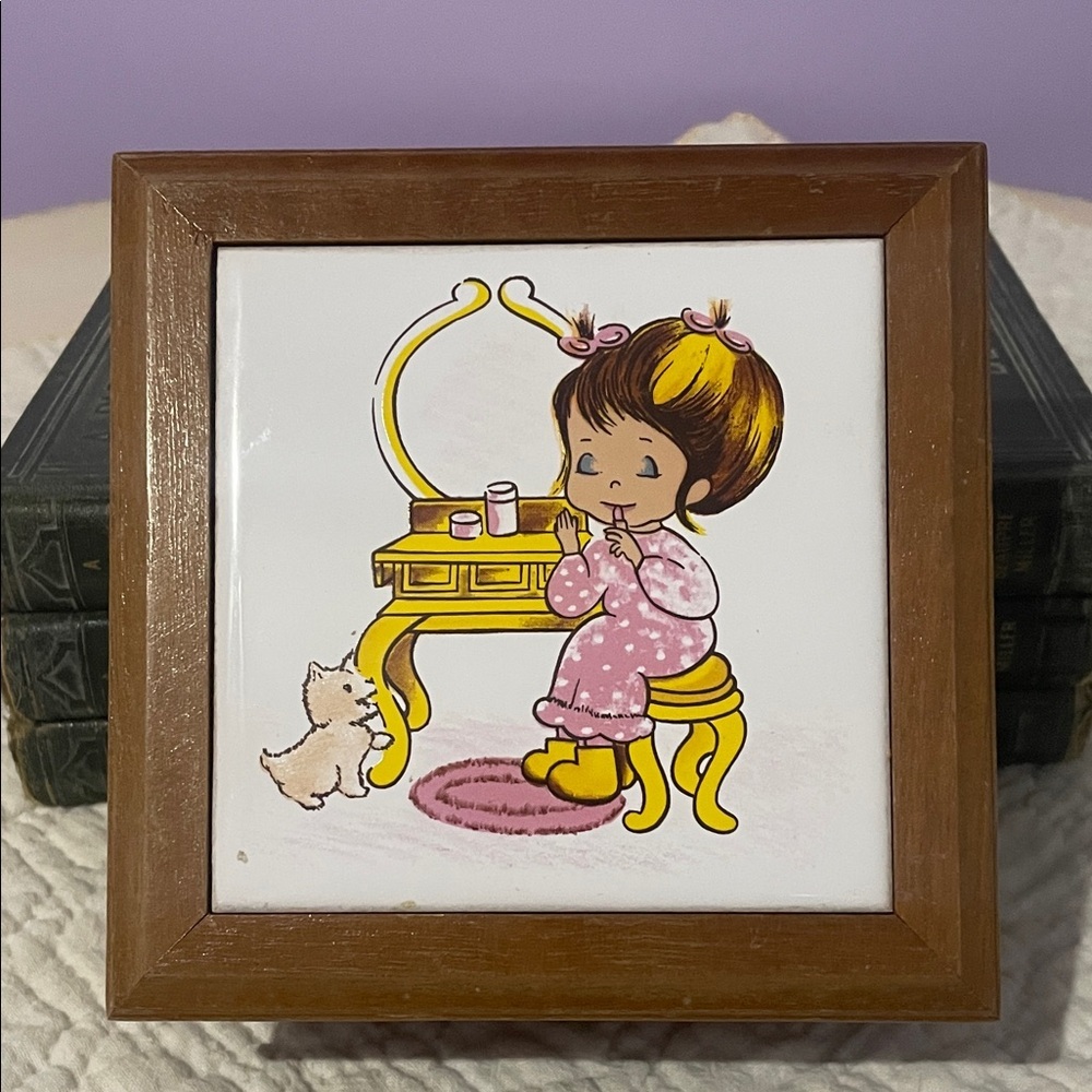 Vintage Wood Jewelry Box With Mirror Little Girl At Vanity And Puppy